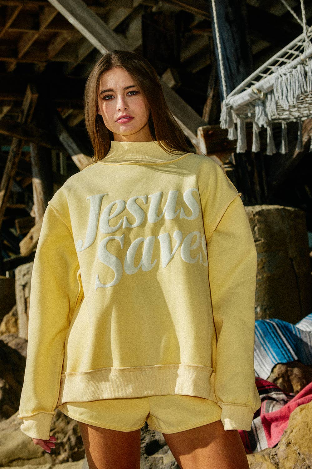 'JESUS SAVES' Mock Neck Sweatshirt
