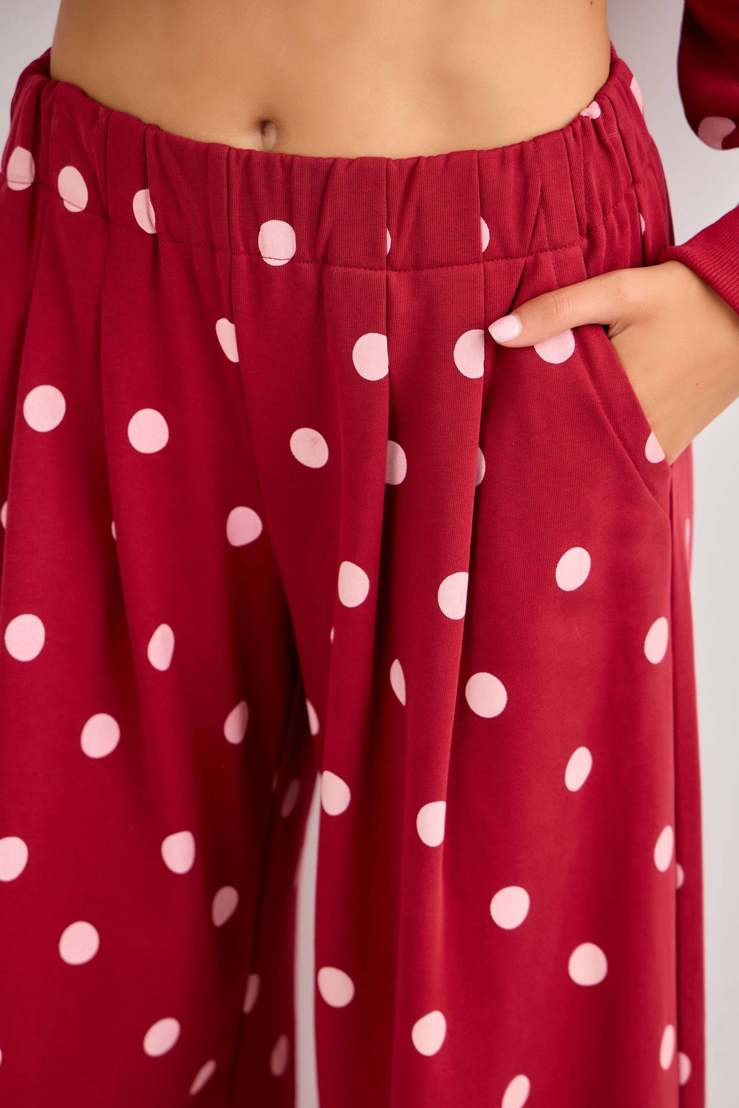 Polka Dot Print Wide-Leg Knit Lounge Pants